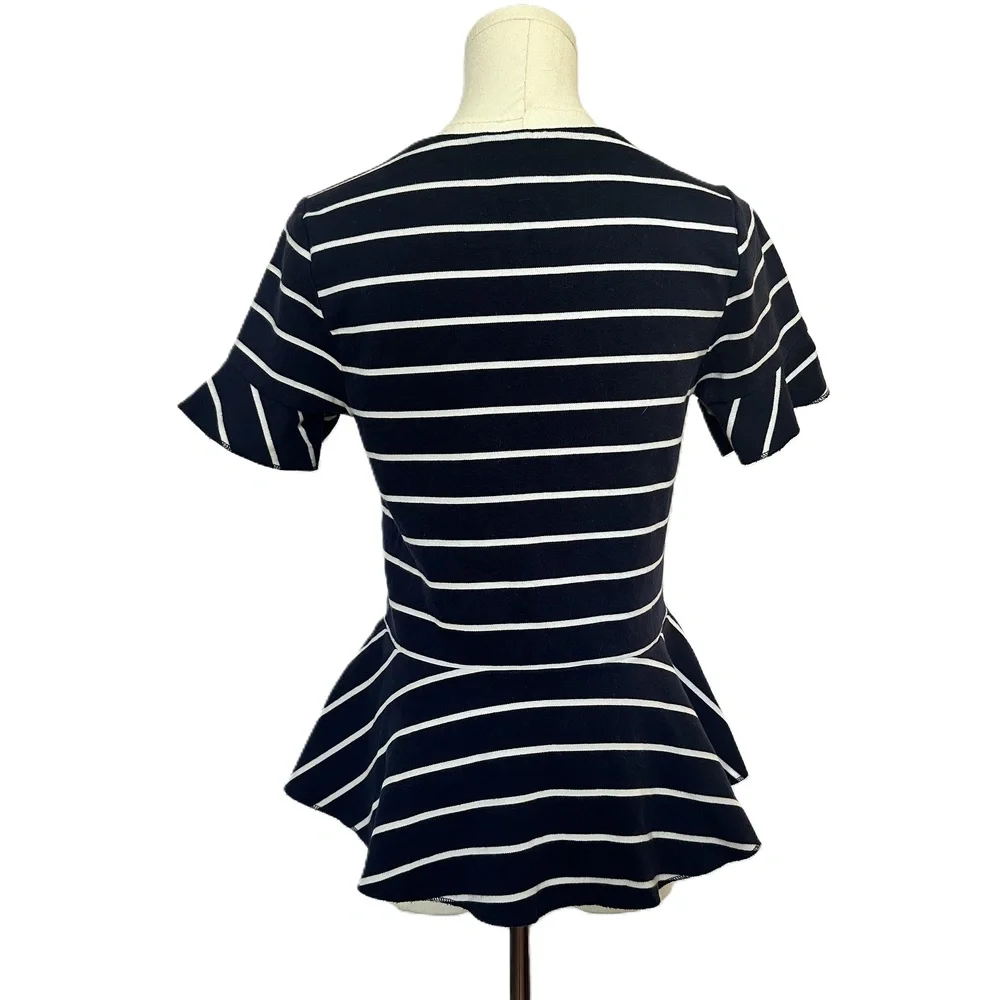 J.Crew Navy Striped Peplum Top Short Sleeves Round Neck Cotton Womens Size S - Picture 3 of 6
